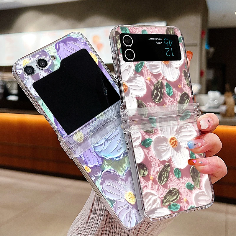 3D Рельефный цветочный чехол для Samsung Galaxy Z Flip 5 6 4 3 Capa масляная живопись твердый ПК