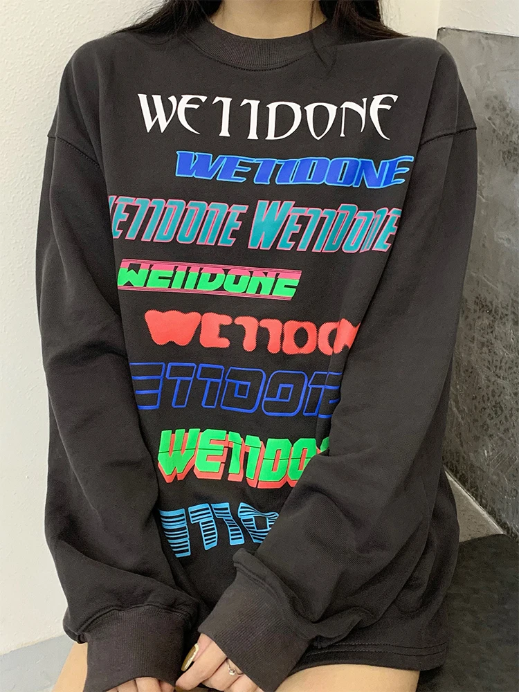 

WE11done Womens Autumn and Winter Loose Top Solid Color Tie Dye Printed Hoodless Pullover Sweatshirt Sweater Gothic Streetwear