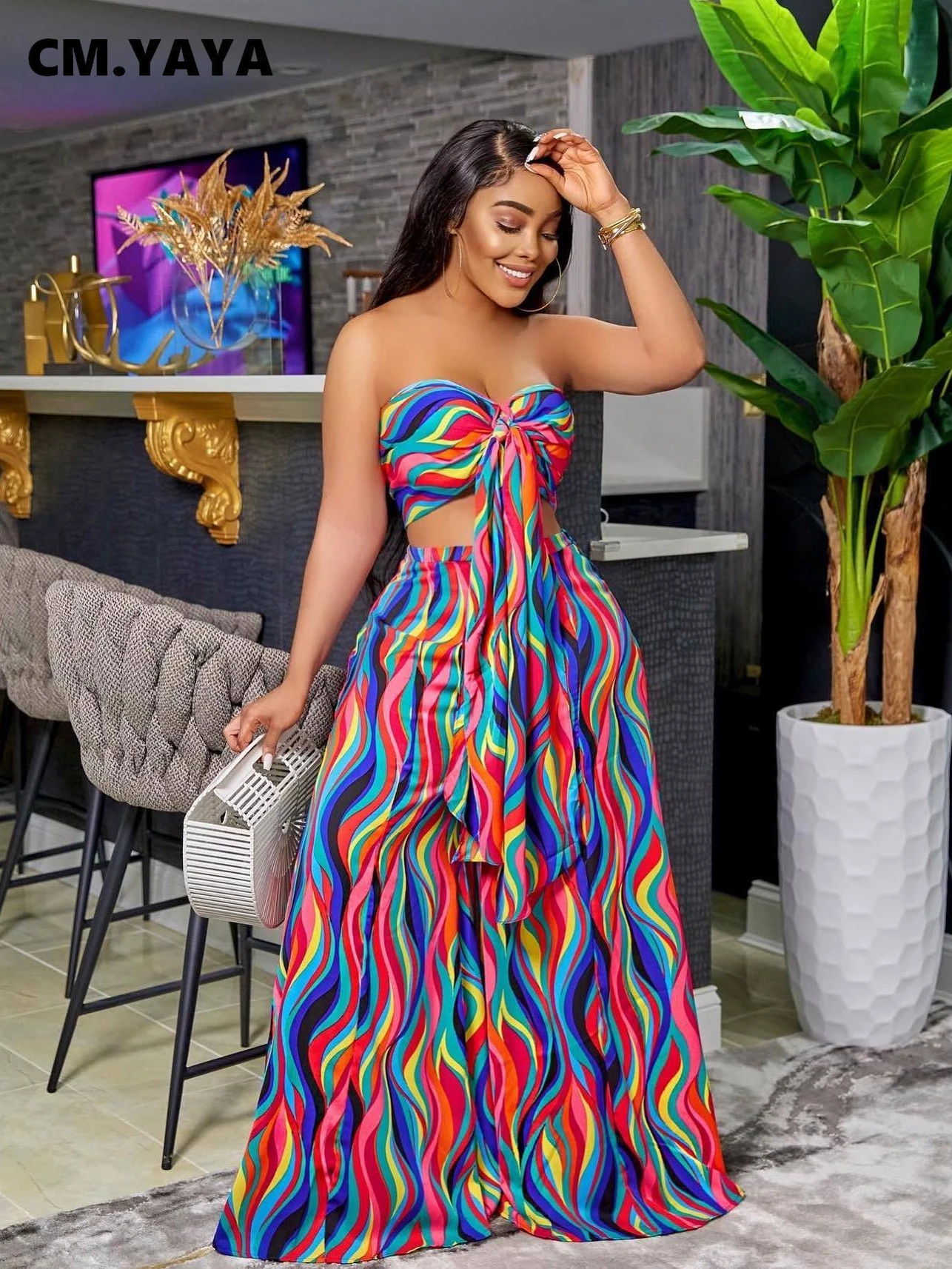

CM.YAYA Elegant Wave Striped Women Two 2 Piece Set Outfits Sweatsuit 2022 Summer Bow Crop Top and Loose Dress Pants Matching Set