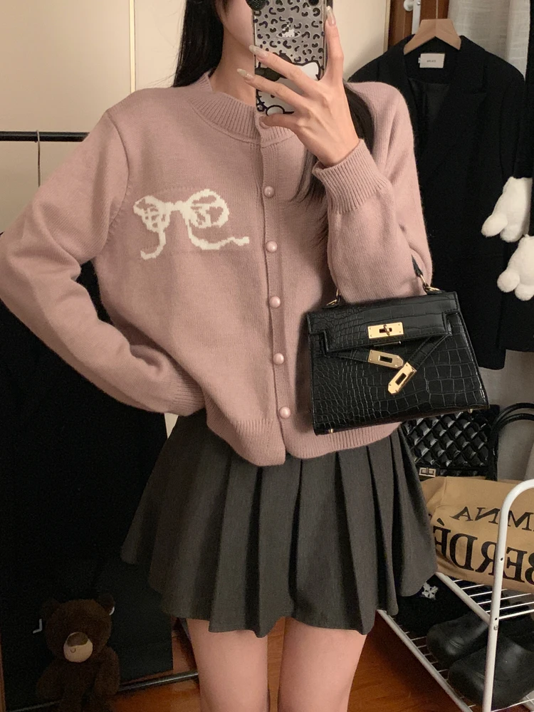 Gaganight Женский жаккардовый мягкий вязаный кардиган с бантом и лентами осень 2024