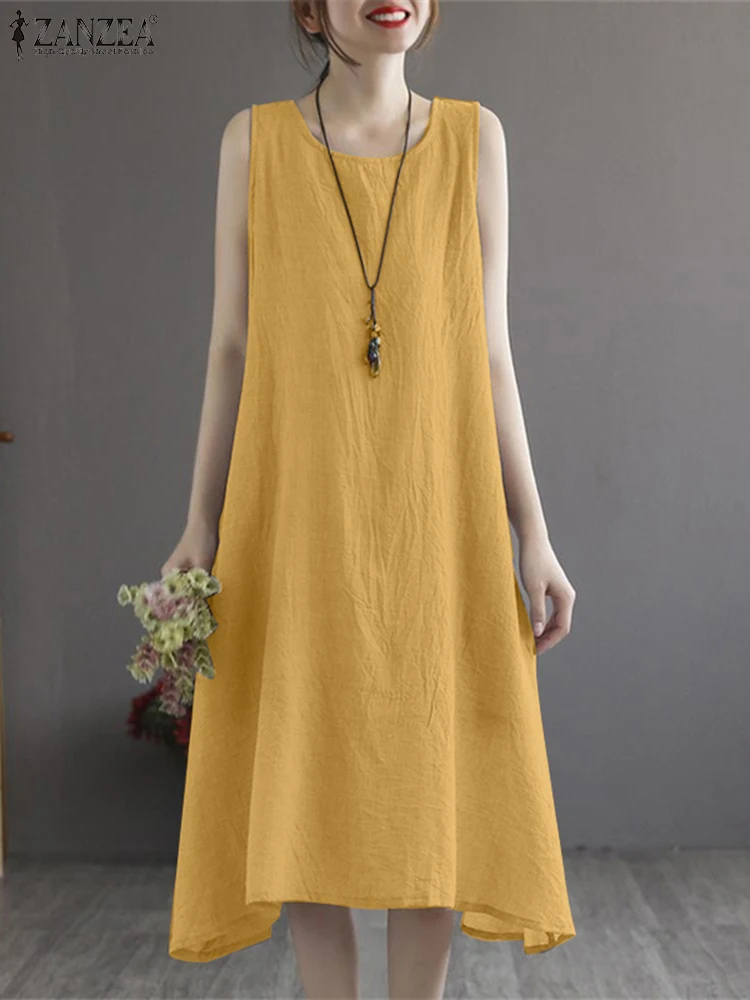

2023 ZANZEA Fashion Sleeveless Dress Summer O-Neck Solid Color Sundress Woman Beach Loose Robe Female Casual Vestidos Oversized