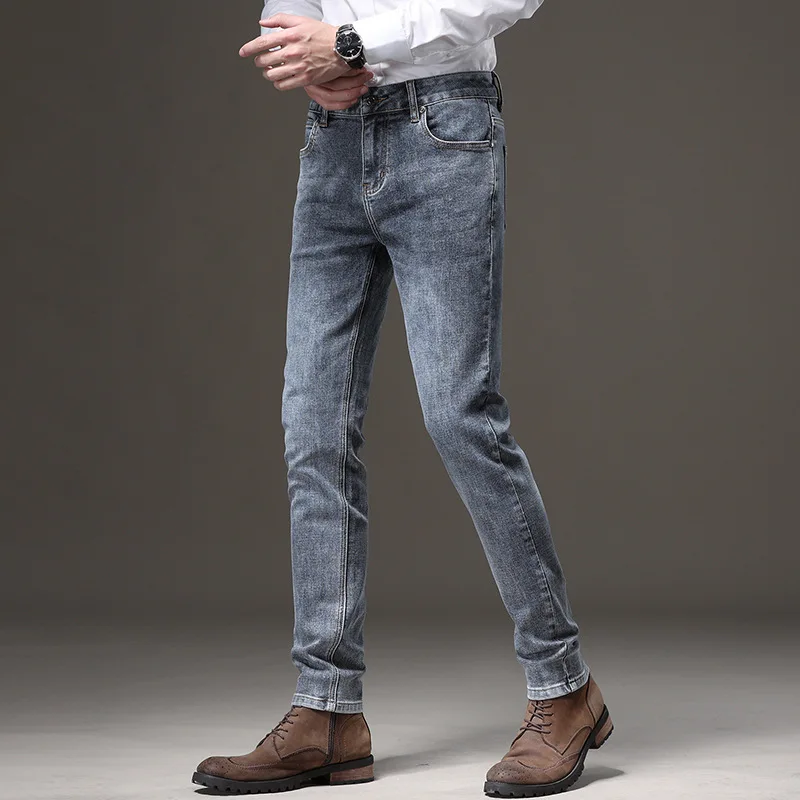 2022 Spring Summer autumn Light Blue Straight Jeans Men Business Fashion Stretch Cotton Denim Pants Male Brand Black Trousers |