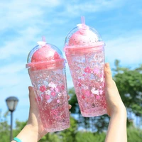 creative water cup cute student gradient color cherry plastic bottle tea milk drink cup coffe mug double layer cooling straw cup