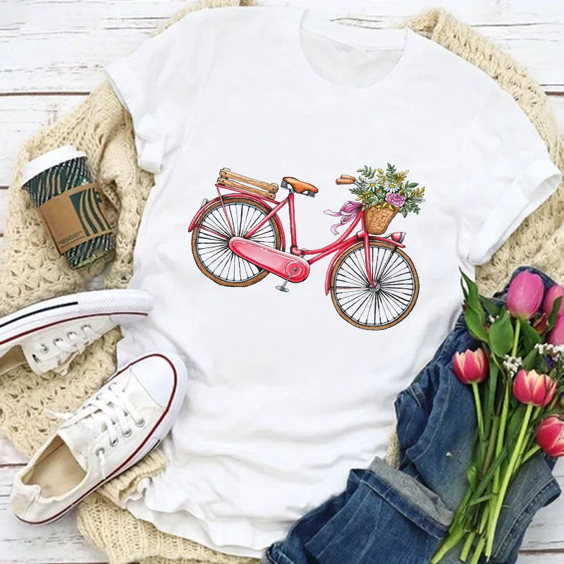 

Summer New Fashion Bicycle Graphic Printed Ladies T-shirt Casual White Round Neck Ladies Short Sleeve T shirt