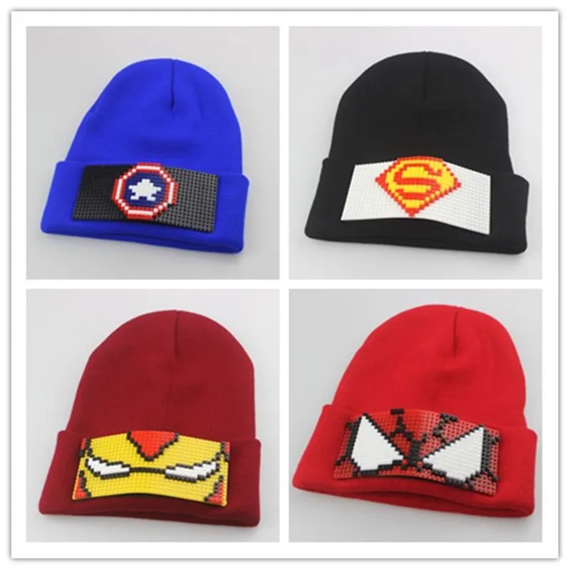 

Marvel Iron Man Captain America Knitted Hat Autumn and Winter Warm Children's Building Block Hat Pixel Puzzle Creative Hat