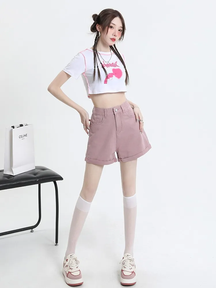 GUUZYUVIZ High Waist Pink Denim Shorts Female Casual Washed  Curl Wide Leg Jeans Shorts Women Loose Korean Fashion Short Pants