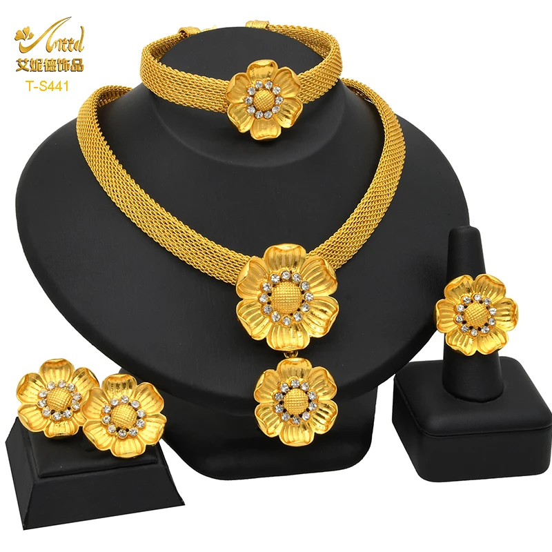 

ANIID Dubai Flower Choker Jewelry Sets For Women 24K Gold Plated Indian Bridal African Necklace Set Ethiopian Party Gifts