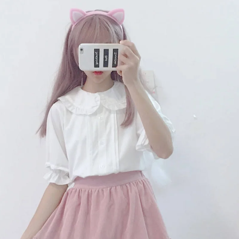 Белая рубашка HOUZHOU Kawaii с воротником Питер Пэн в стиле преппи женские милые топы