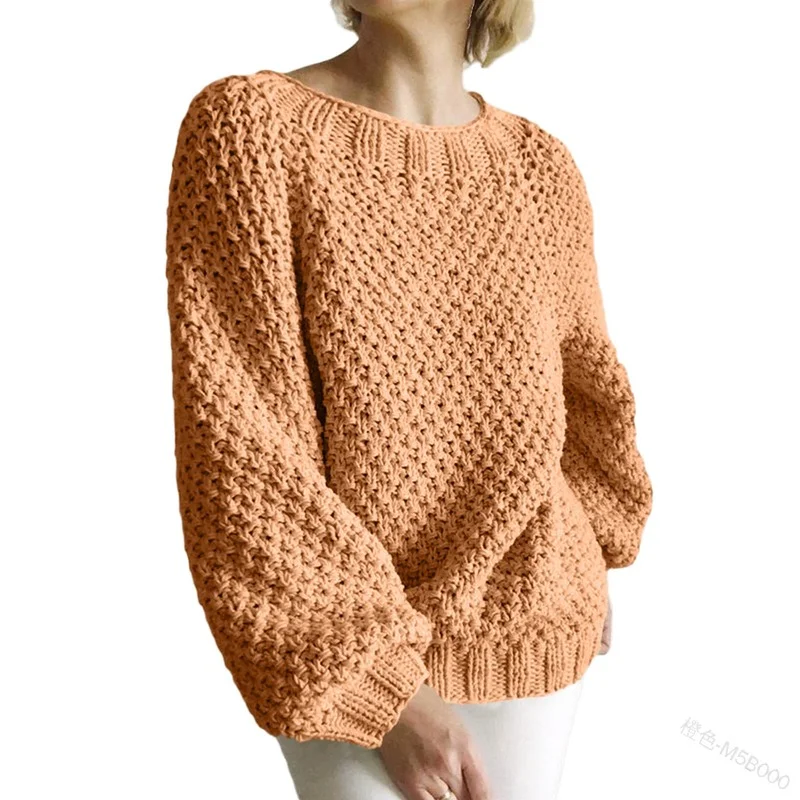 

Women's Sweater Spring Autumn Fashion Loose Crew Neck Pullover Sweater Women's Casual Lantern Sleeve Solid Color Knitted Sweater