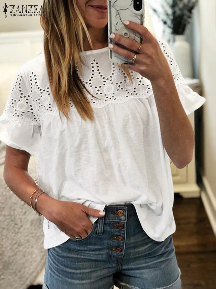 

Женская ажурная блузка ZANZEA с воланом, Летняя туника с коротким рукавом и круглым вырезом, кружевная Лоскутная рубашка, Женские Элегантные п...