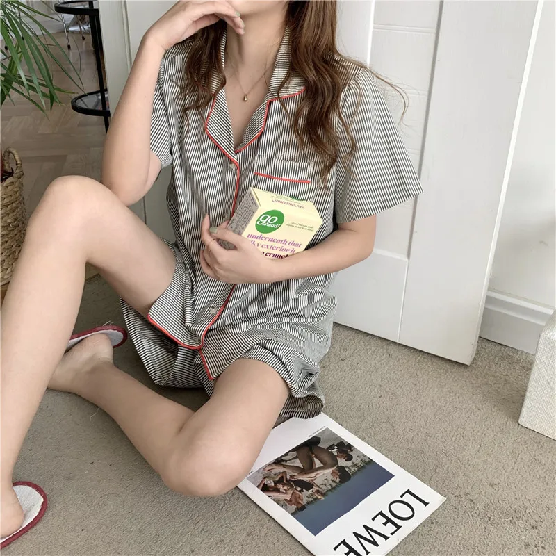 New Korean Fashion Simple Pajamas Cotton Linen Stripes Edging Sleepwear Casual Comfortable Two-piece Loungewear Women Pajama Set