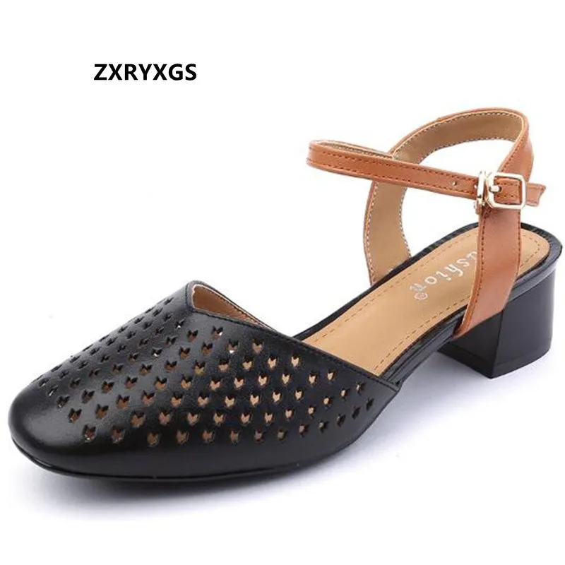 

ZXRYXGS 2022 New Summer Cowhide Hollow Pointed Toe Sandals Women Leather Sandals Large Size Thick Heel Shoes Woman Sandal Shoes