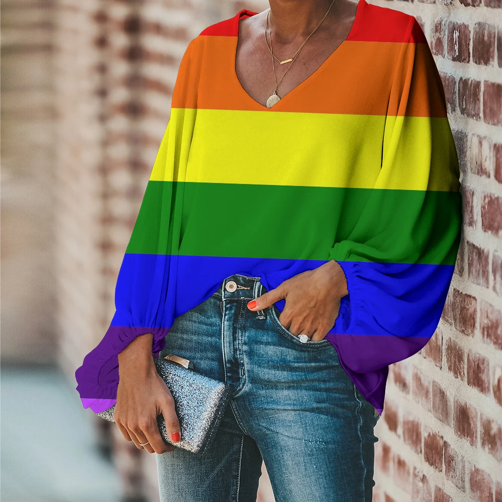 

FORUDESIGNS LGBT Pride Print Women Long Sleeve Blouse Casual Ladies Tops Clothing Sexy V Neck Shirts blusas mujer de moda 2022