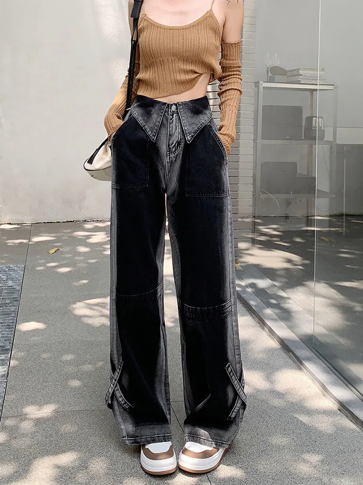 

Черные Готические джинсы-карго Y2k, широкие брюки с высокой талией, корейская мода, панк, готические джинсовые брюки, мешковатые винтажные джинсы, лето