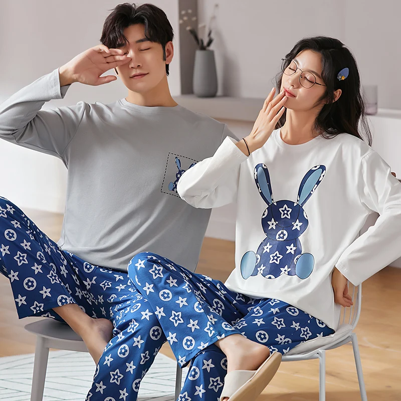 Spring Autumn Knitted Cotton Cartoon Men's Pyjamas Couple Pajama Sets Casual Male Sleepwear Pyjamas Night Pijamas Homewear 4XL
