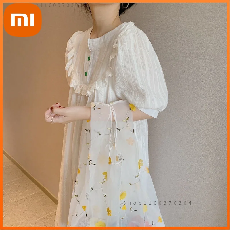 

Хлопковая ночная рубашка Xiaomi, Женская Корейская одежда для сна для девочек, ночная рубашка в стиле принцессы, свободная ночная рубашка с пыш...