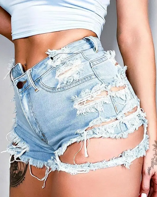 

Женские рваные джинсовые шорты, повседневные обтягивающие однотонные джинсовые шорты с карманами и вырезом на подоле, уличная одежда Y2K, ле...
