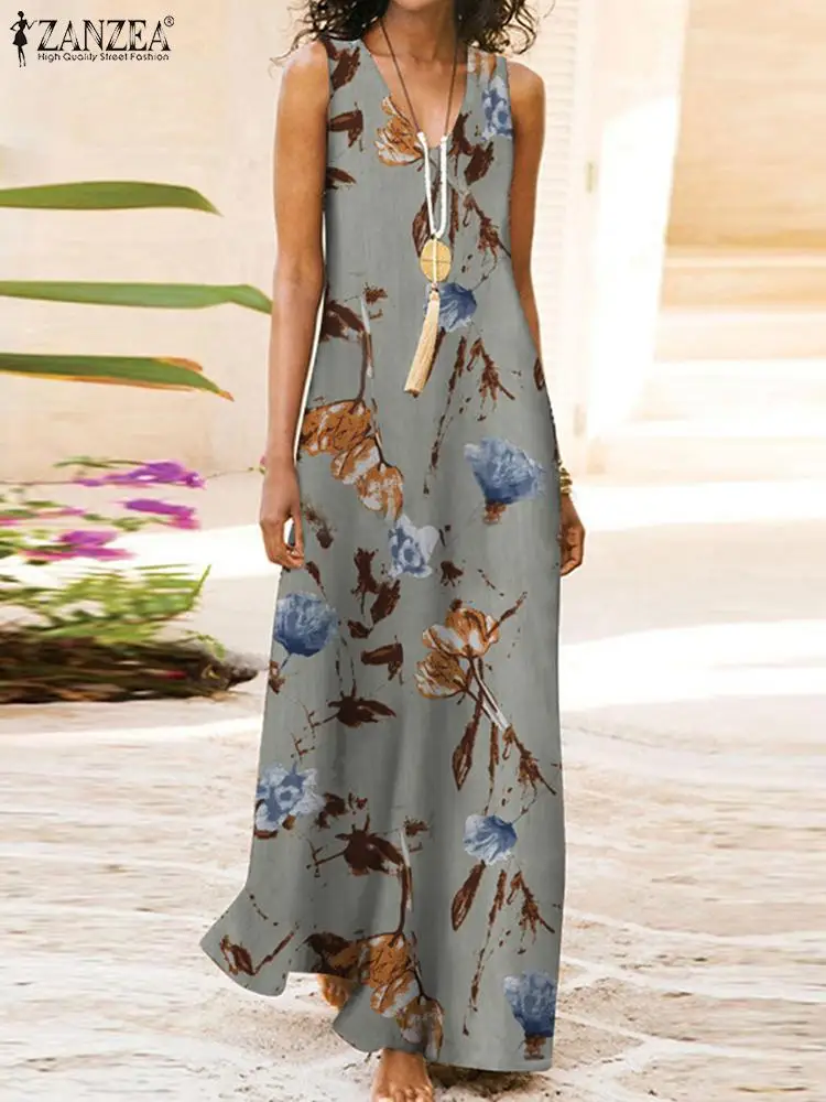 

ZANZEA Bohemian Floral Printed Sleeveless Holiday Dress Summer Women Sundress Elegant V Neck Casual Beach Long Vestidos Robes