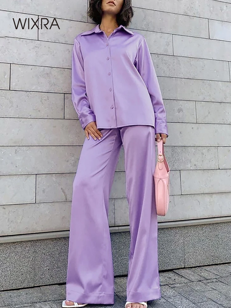 

Женские атласные однотонные свободные комплекты с отложным воротником, однобортная блузка с длинными рукавами + широкие брюки с высокой та...