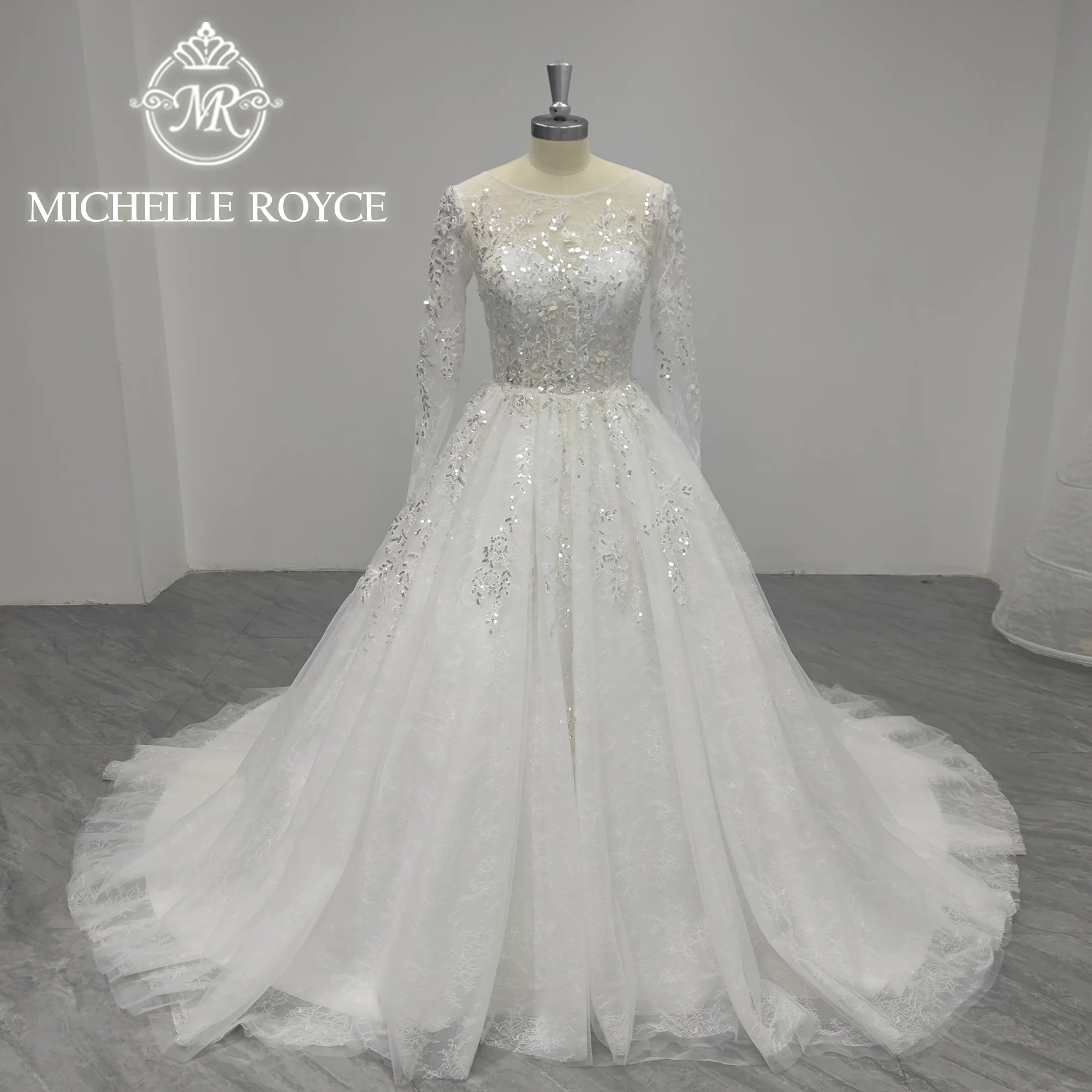

Michelle Royce A-Line Long Sleeve Wedding Dress 2023 Romantic SCOOP Beading Embroidery Illusion Wedding Gown Vestidos De Novia