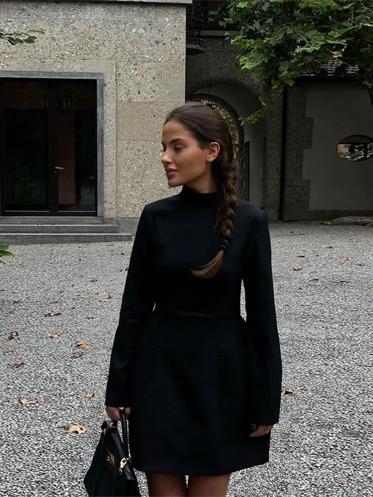 

Элегантное однотонное женское мини-платье с длинным рукавом, модное короткое платье-трапеция с ложным воротником, осень 2023, Женская шикарная уличная одежда для отпуска