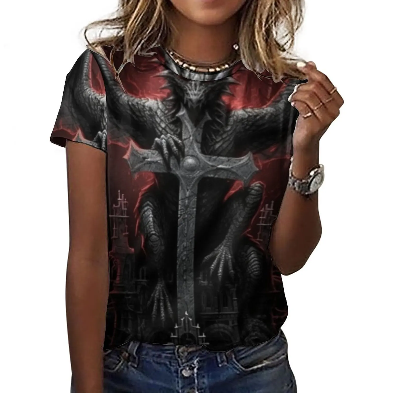 

Летняя женская футболка с принтом в виде креста дракона, футболки с коротким рукавом, футболки с графическим принтом для женщин