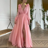 elfin vintage prom dresses v neck pleats side split pink long sleeves long arabic evening gown celebrity party dress