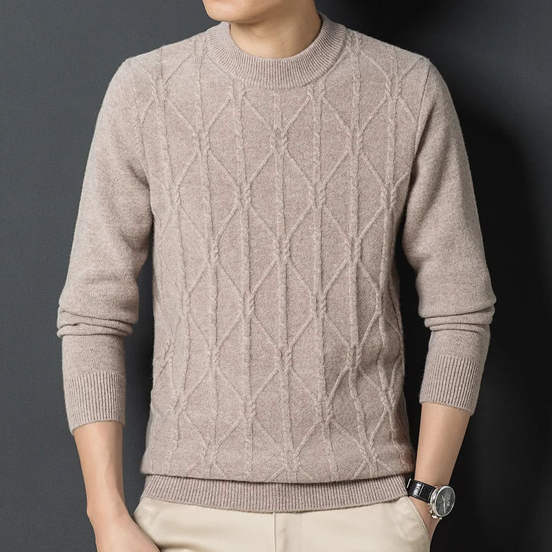 neck Men's 200% pure round wool sweater pullover in autumn and winter thickened warm bottoming shirt.