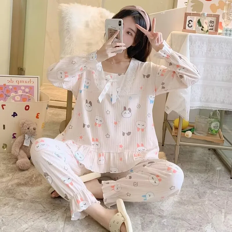 Spring Pajamas Set Full Sleeve T-shirt Long Pants 2Piece/Set Casual Lace Pyjama Big Size Mom Homewear Cozy Plus Sleepwear