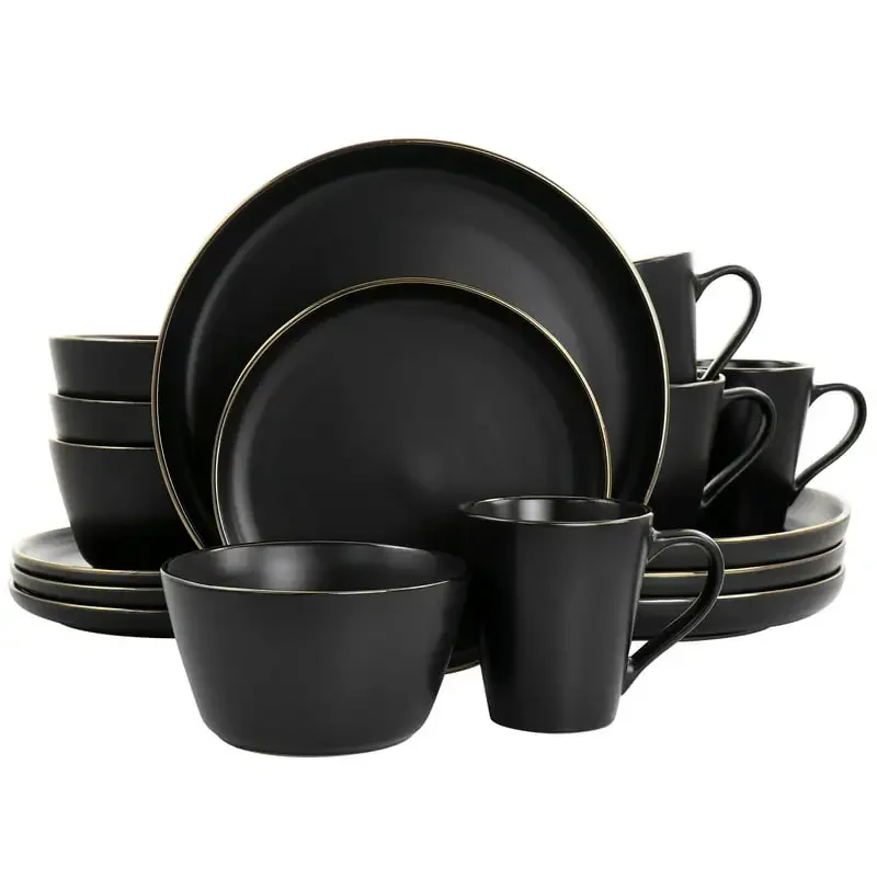 

Paul 16 Piece Stoneware Dinnerware Set in Matt Black with Gold Rim Health and Safety Tableware