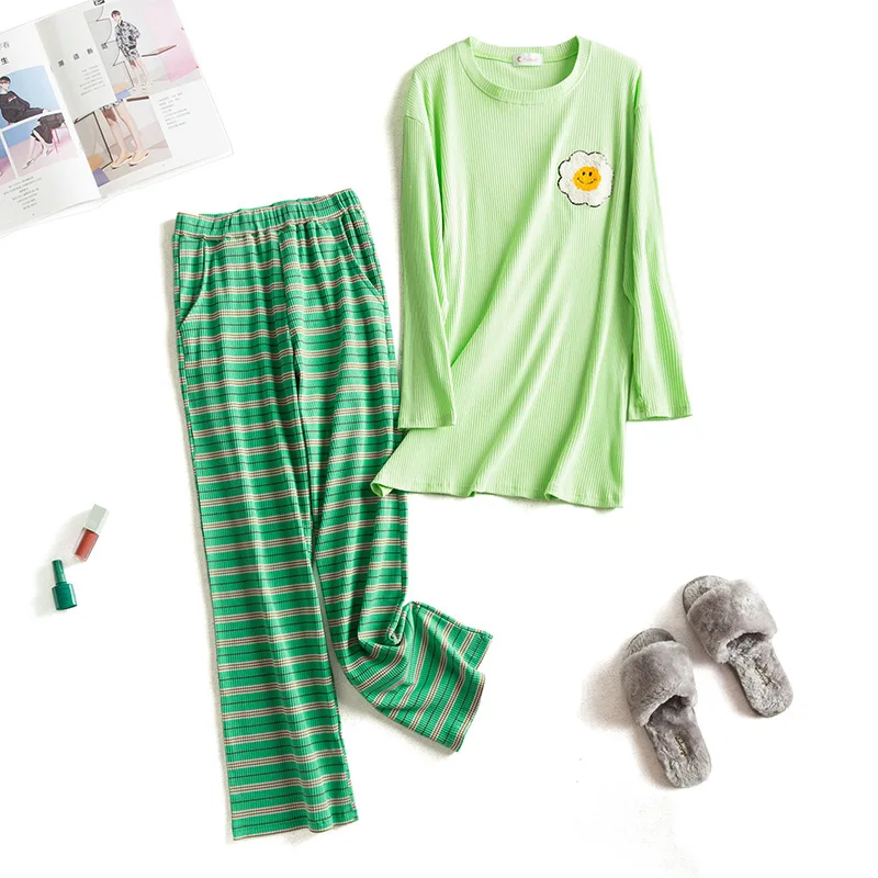 Candy Color Women Pajamas Cotton Long Sleeves Spring Autumn Sweet Housewear Loose Striped Trousers Suit Pyjamas Femme Sleepwear