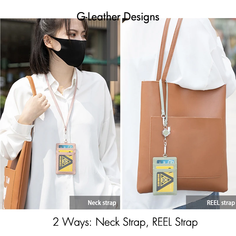 Fashion Genuine Leather Lanyard ID Badge Holder Pebbled Leather Work Office Card Holder With Neck Reel 2 Strap Custom Name