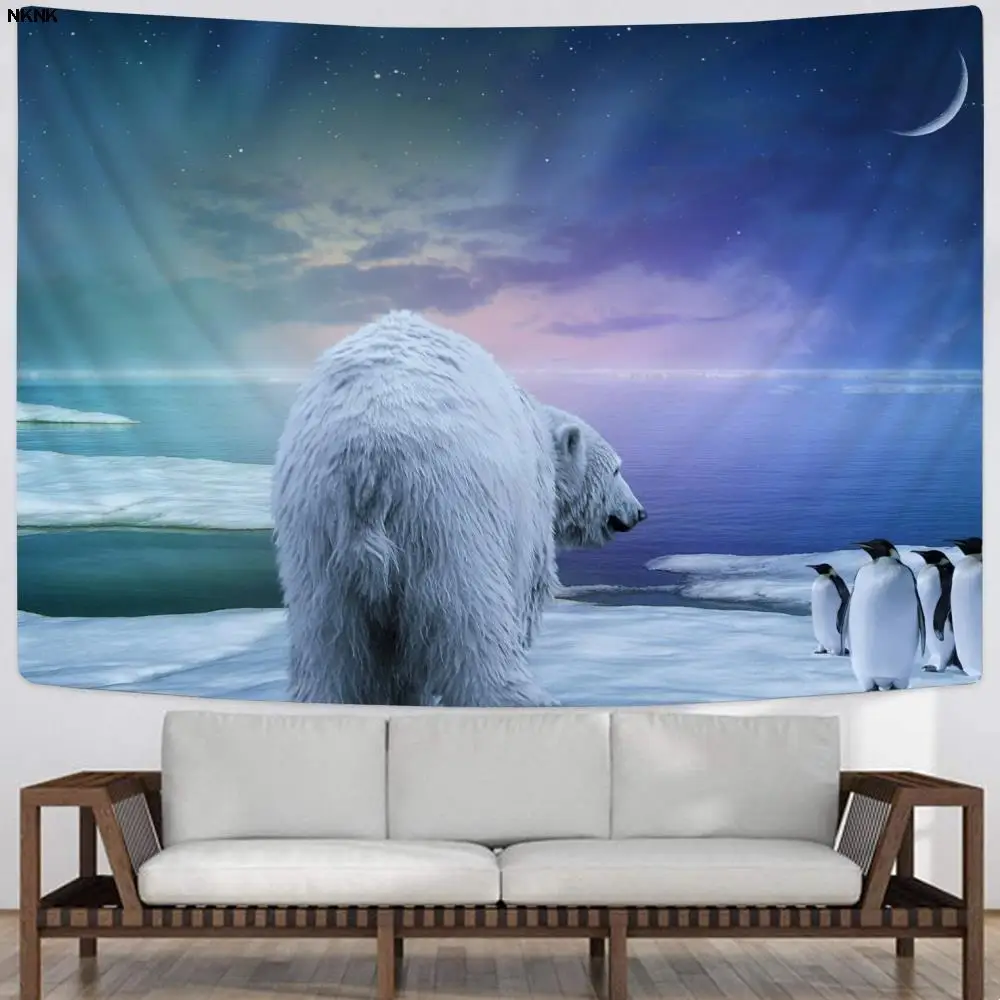 Фото NKNK бренда Aurora Tapiz с северным светом, 3D-печать, рисунок в стиле Триппи, мандала, белый медведь, гобелены, пингвин, домашний декор №3