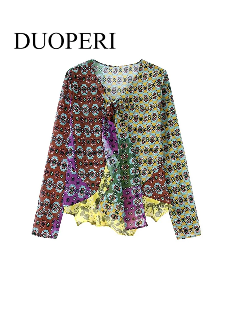 

DUOPERI Women Fashion Printed Patchwork Blouse With Knot Vintage V-Neck Long Sleeves Female Chic Shirts Outfits