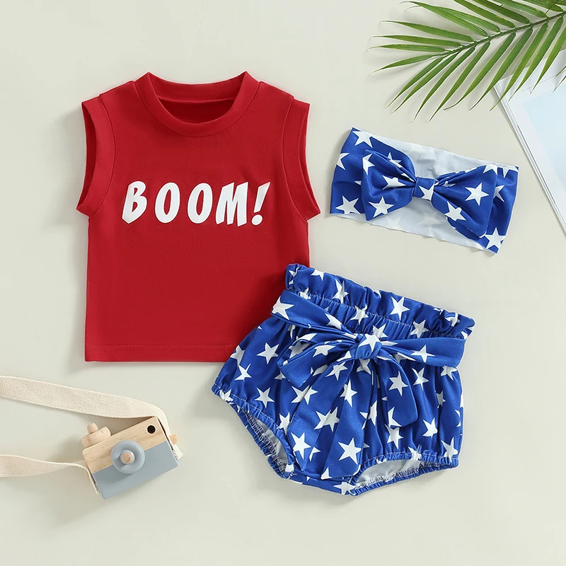 

Baby Girls Shorts Set, Sleeveless Crew Neck Letters Print Vest with Tie-up Stars Print Shorts and Hairband