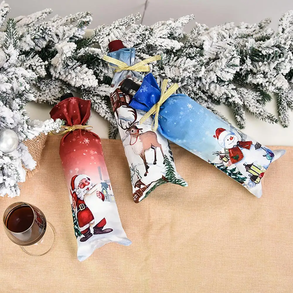 

Wine Bottle Cover Christmas Santa Snowman Elk Drawstring Candy Bag Party Decor