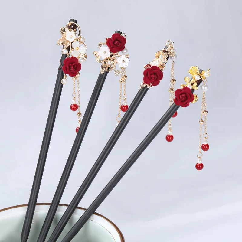 Flower Bride Women's Vintage Hairpin Hanfu Qipao Dress Wooden Accessories