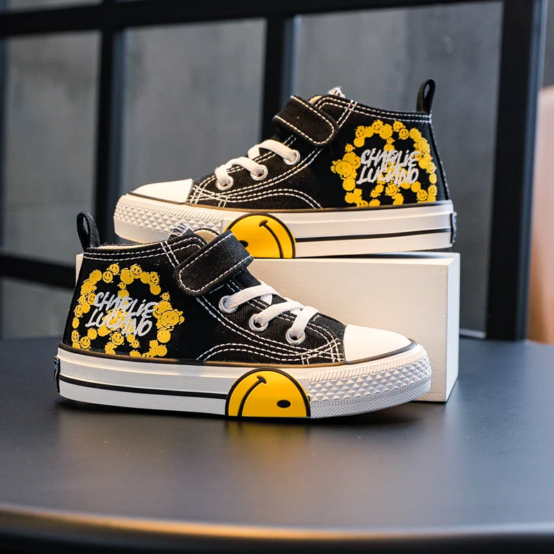 2022 Fashion Smile Printed Pink Canvas Sneakers Kids Boy High top Breathable Children's Canvas Shoes Gilr Platform Child Sneaker