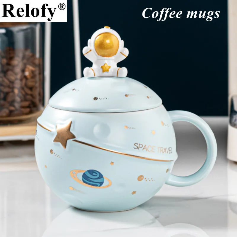 

400ml Ceramic Coffee Cups with Spoon Kawaii Mug Creative Planet Lovers Coffee Mugs Breakfast Milk Juice Tea Cup Drinkware