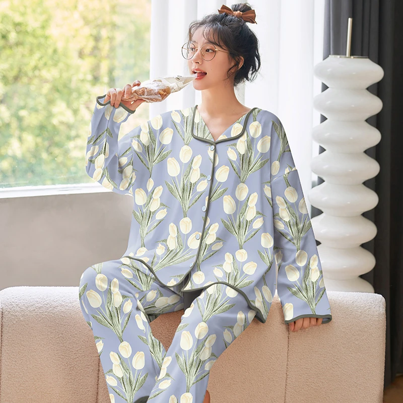 CAIYIER Cute Rabbit Print Pijamas Mujur Soft Long Sleeve Trousers Sleepwear Suit Feamle Korean Autumn Winter Leisure Home Clothe