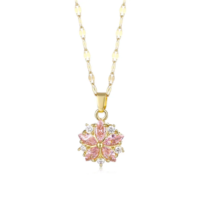 316L Stainless Steel Kpop Korean Fashion Cherry Blossoms Pendants Necklace For Women Pink Color Aesthetic Female Accessories New images - 6