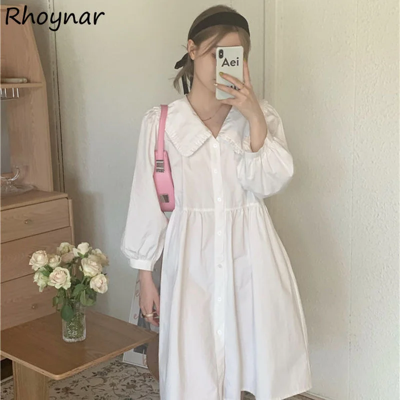 

Puff Sleeve Dresses Women Peter Pan Collar Solid Sweet Korean Style College High Waist Summer Fashion Gentle Simple Popular New