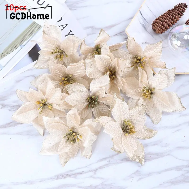 

10 шт. 13 см блестящие Искусственные Рождественские цветы, украшения для рождественской елки, искусственные украшения для дома, новогодние по...