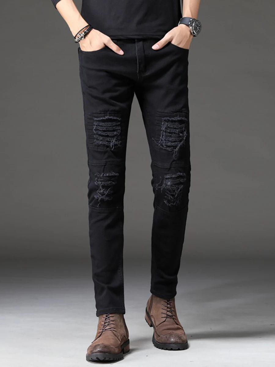 Four Seasons Men's Jeans Frayed Fashion Micro-elastic Small Straight Young Fashion Trousers Four Seasons Men Large Size Trousers