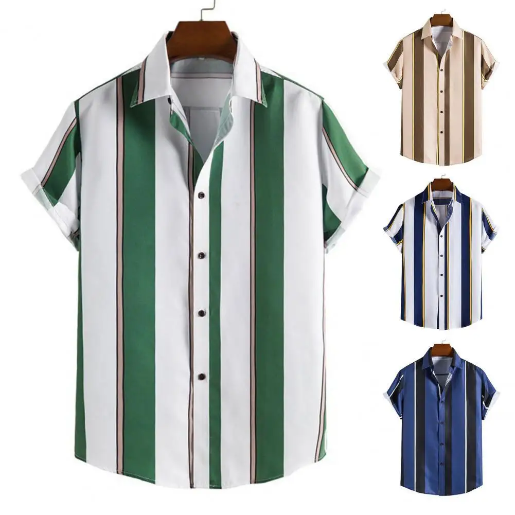 

Men Shirt Stripe Print Contrast Color Short Sleeve Turn-down Collar Formal Men Top Daily Garment