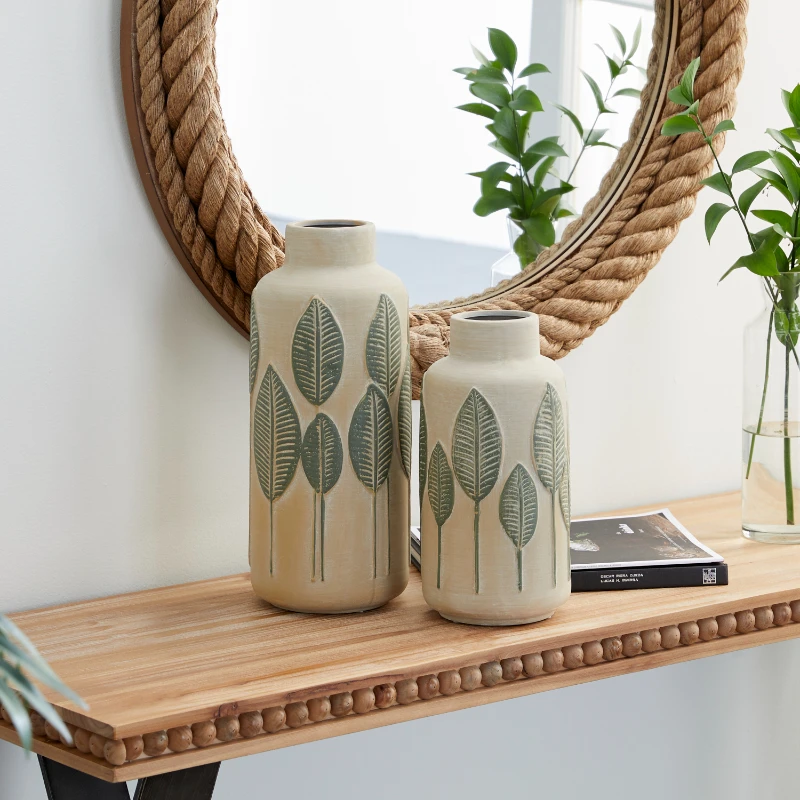 

11", 14"H Leaf Beige Ceramic Vase, Set of 2 for Plants Table Decoration