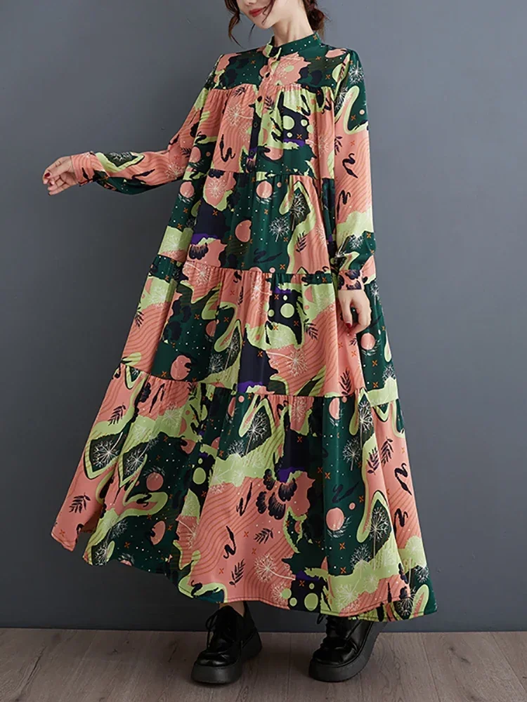 Однобортные платья XITAO с принтом в стиле пэчворк пуловер воротником-стойкой