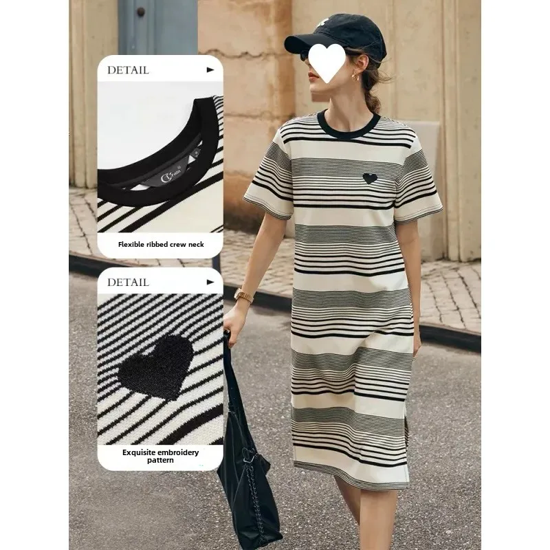 Розовое полосатое женское свободное платье повседневная футболка с прямыми