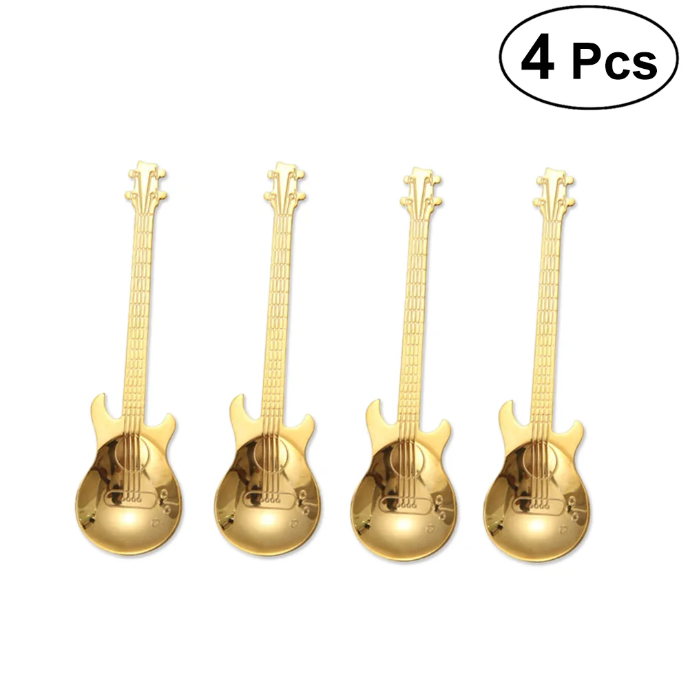 

4pcs Guitar Coffee Spoon Stainless Steel Coffee Mixing Spoon Cold Drink Tea Tools Kitchen Accessories (Gold)