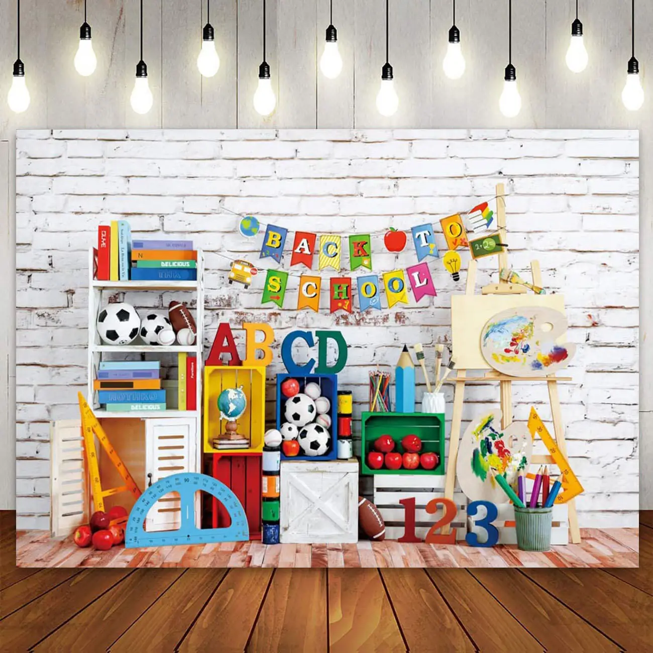 

Welcome to School First Day Backdrop Kindergarten Classroom Wood White Brick Wall Blackboard ABC Letter Photography Background